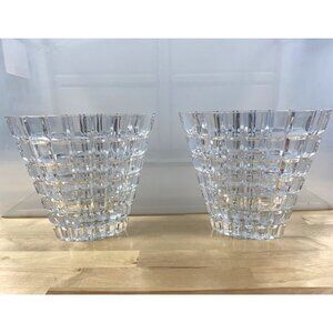 Pair Mikasa Atrium Lead Crystal Pocket Vases 6" Clear Faceted Cubes
